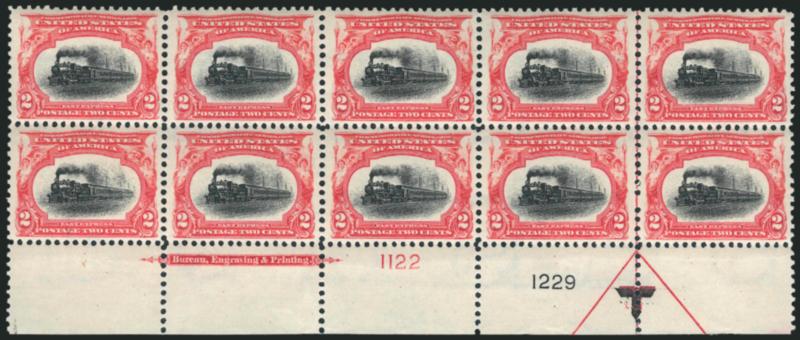 2c Pan-American (295).> Mint N.H. bottom imprint and double plate nos. 11221229 block of ten with arrow and markers, brilliant colors on crisp paper, well-proportioned margins, Extremely Fine