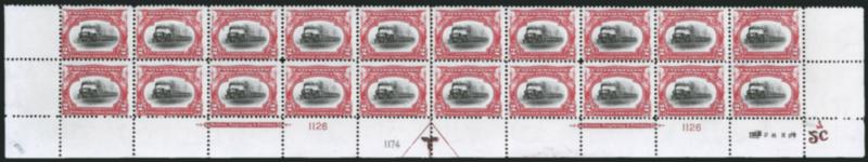 2c Pan-American (295).> Mint N.H. bottom double imprint and plate nos. 11261174 block of 20 with arrow and markers, full side selvage, Very Good