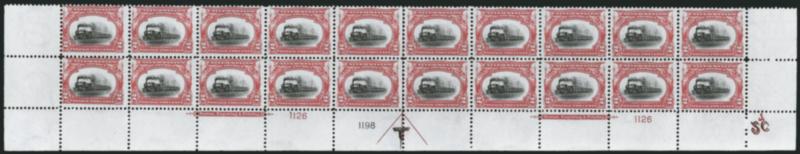 2c Pan-American (295).> Mint N.H. bottom double imprint and plate nos. 112611198 block of 20 with arrow and markers, full side selvage, Fine-Very Fine