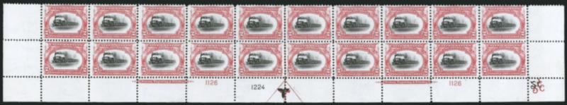 2c Pan-American (295).> Mint N.H. bottom double imprint and plate nos. 11261224 block of 20 with arrow and markers, full side selvage, small tear in selvage at bottom, Fine-Very Fine