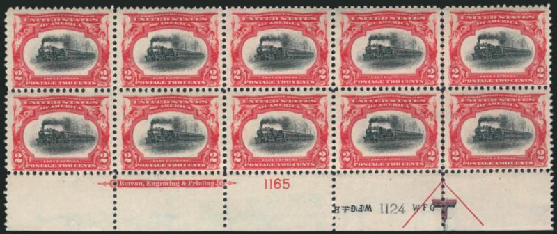 2c Pan-American (295).> Mint N.H. bottom imprint and double plate nos. 11651124 block of ten with arrow and markers, bright colors, fresh and Very Fine