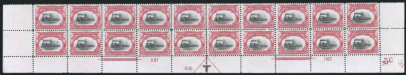 2c Pan-American (295).> Mint N.H. bottom double imprint and plate nos. 11671135 block of 20 with arrow and markers, full side selvage, Fine-Very Fine