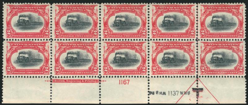 2c Pan-American (295).> Mint N.H. bottom imprint and double plate nos. 11671137 block of ten with arrow and markers, bright colors, well-proportioned margins, fresh and Very Fine