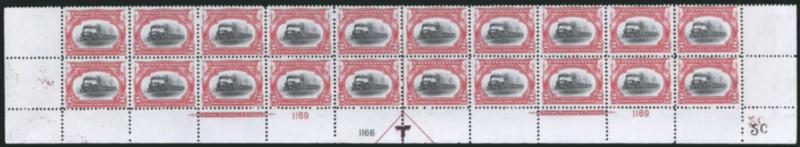 2c Pan-American (295).> Mint N.H. bottom double imprint and plate nos. 11691166 block of 20 with arrow and markers, full side selvage, small selvage tear, Fine-Very Fine