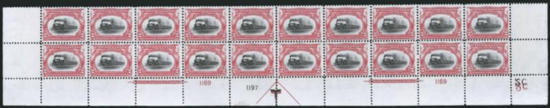 2c Pan-American (295).> Mint N.H. bottom double imprint and plate nos. 11691197 block of 20 with arrow and markers, full side selvage, small corner selvage crease, Fine-Very Fine