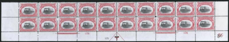 2c Pan-American (295).> Mint N.H. bottom double imprint and plate nos. 11761171 block of 20 with arrow and markers, full side selvage, Fine-Very Fine