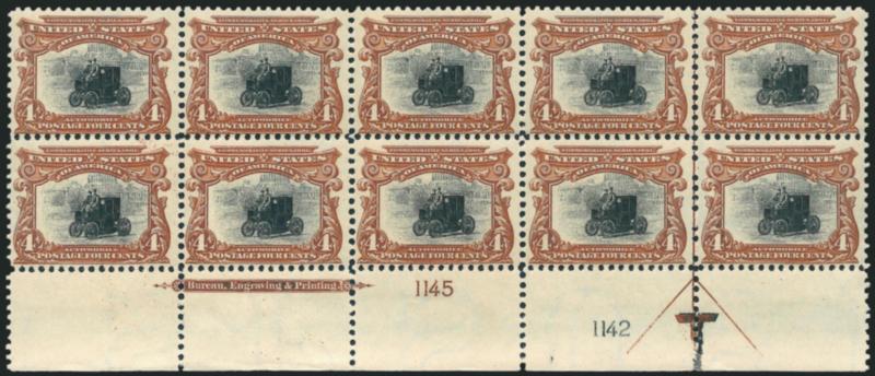4c Pan-American (296).> Bottom imprint and double plate nos. 11451142 block of ten with arrow and markers, stamps Mint N.H., small h.r. in selvage where small perf separations, Fine-Very Fine
