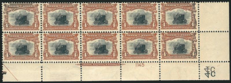 4c Pan-American (296).> Bottom right corner imprint and plate no. 1145 block of ten with 4c plate imprints and half arrow, disturbed original gum, hint of oxidation on a few stamps, otherwise Fine