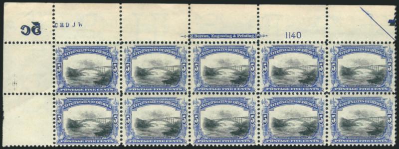 5c Pan-American (297).> Top left corner imprint and plate no. 1140 block of ten with 5c plate imprints and half arrow, lightly hinged, Fine-Very Fine, Scott Retail as plate block of six and four singles