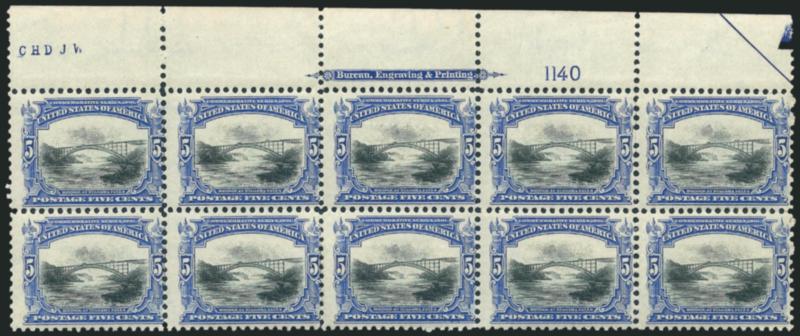5c Pan-American (297).> Top imprint and plate no. 1140 block of ten, most stamps Mint N.H., rich colors, few perf separations expertly reinforced, otherwise Fine