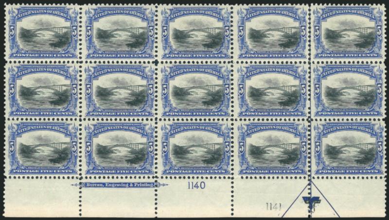 5c Pan-American (297).> Bottom imprint and double plate nos. 11401141 block of fifteen with arrow and markers, stamps in plate block Mint N.H., three stamps at top Mint N.H., rich colors, fresh and Fine-Very
Fine, an impressive multiple