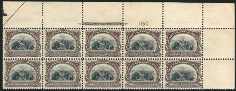 8c Pan-American (298).> Top right corner imprint and plate no. 1150 block of ten with half arrow and markers, lightly hinged along bottom stamps only, deep rich color, Fine-Very Fine, Scott Retail as plate
block of six, two Mint N.H. singles and two