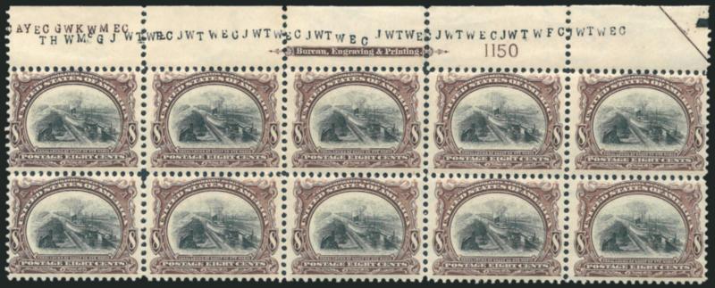 8c Pan-American (298).> Top imprint and plate no. 1150 block of ten with half arrow, bright colors, natural horizontal gum skip line affects top stamps, one stamp with light fingerprint, few expertly rejoined
perf separations along first and third ve