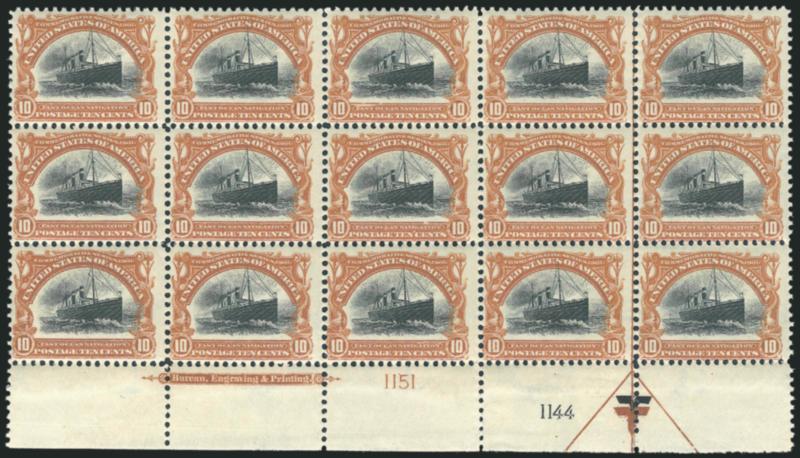 10c Pan-American (299).> Bottom imprint and double plate nos. 11511144 block of fifteen with arrow and markers, top and bottom stamps above black plate no. h.r., other thirteen stamps Mint N.H., bright colors,
few minor perf separations<><>^FINE.