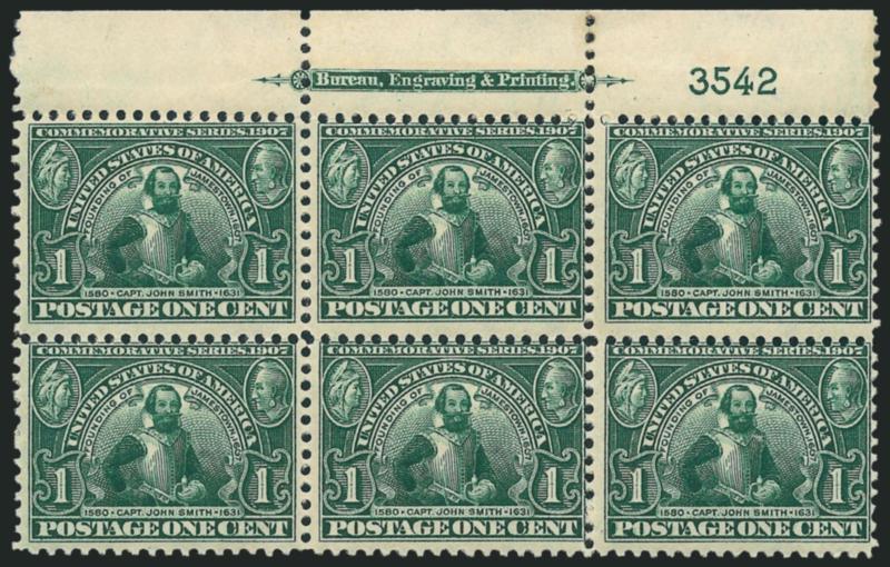 1c Jamestown (328).> Two items, top and bottom imprint and plate no. 3542 blocks of six, lightly hinged, few small perf flaws, Fine