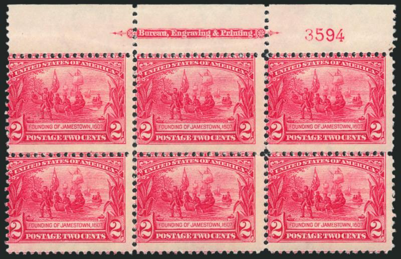 2c Jamestown (329).> Two items, Mint N.H. top imprint and plate no. 3594 block of six, other is bottom imprint and plate no. 3520 block of six, lightly hinged, rich colors, Very Good-Fine