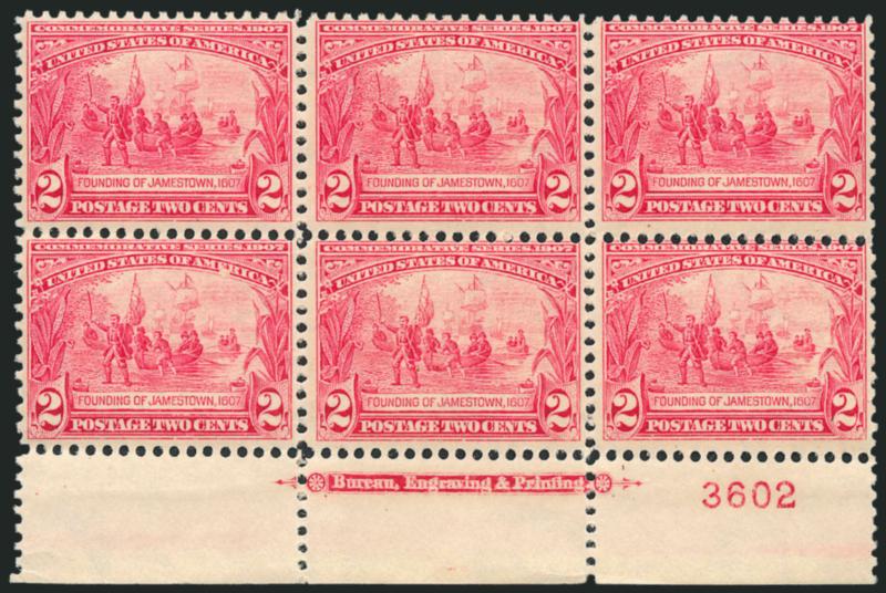 2c Jamestown (329).> Two bottom imprint and plate no. blocks of six, nos. 3602 and 3603, former Mint N.H., radiant colors, fresh and Fine