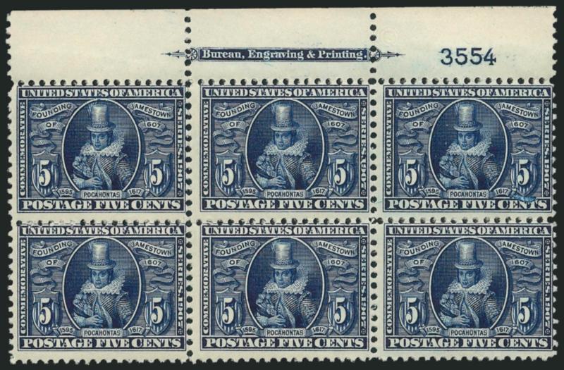5c Jamestown (330).> Mint N.H. top imprint and plate no. 3554 block of six, rich color on bright paper, fresh and Fine