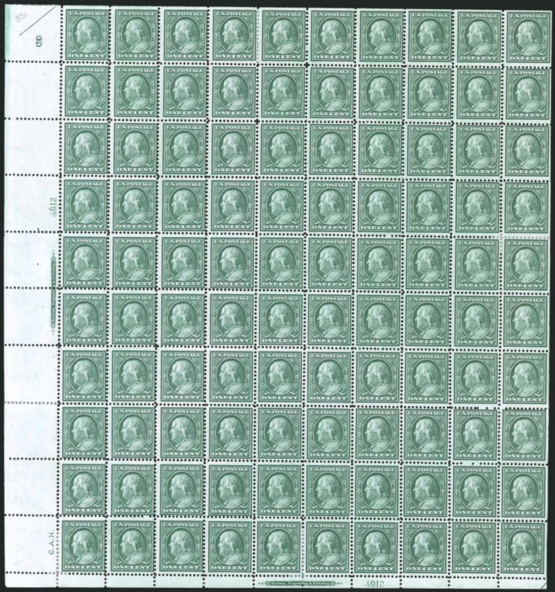 1c Green (331).> Complete lower left pane of 100 with imprint and plate no. 4912 at left and bottom, 91 stamps Mint N.H. including left plate block, h.r. on other nine sensibly reinforcing perf separations,
generally Very Good-Fine with a few Very Fi