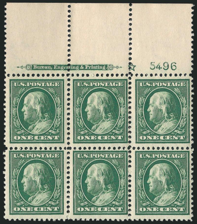 1c Green (331).> Mint N.H. wide top imprint, <plate no. 5496> and star block of six, radiant color, fresh and Fine-Very Fine, <this plate number is unlisted in Durland>