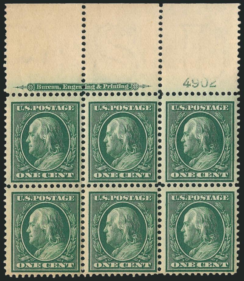 1c Green (331).> Seven Mint N.H. plate blocks, incl. four from bottom (nos. 4874, 4875, 4882 and 4894), one left (4875), one right (4903) and one top (4902), few with faint natural gum bends, one with minor
perf separations, Fine-Very Fine