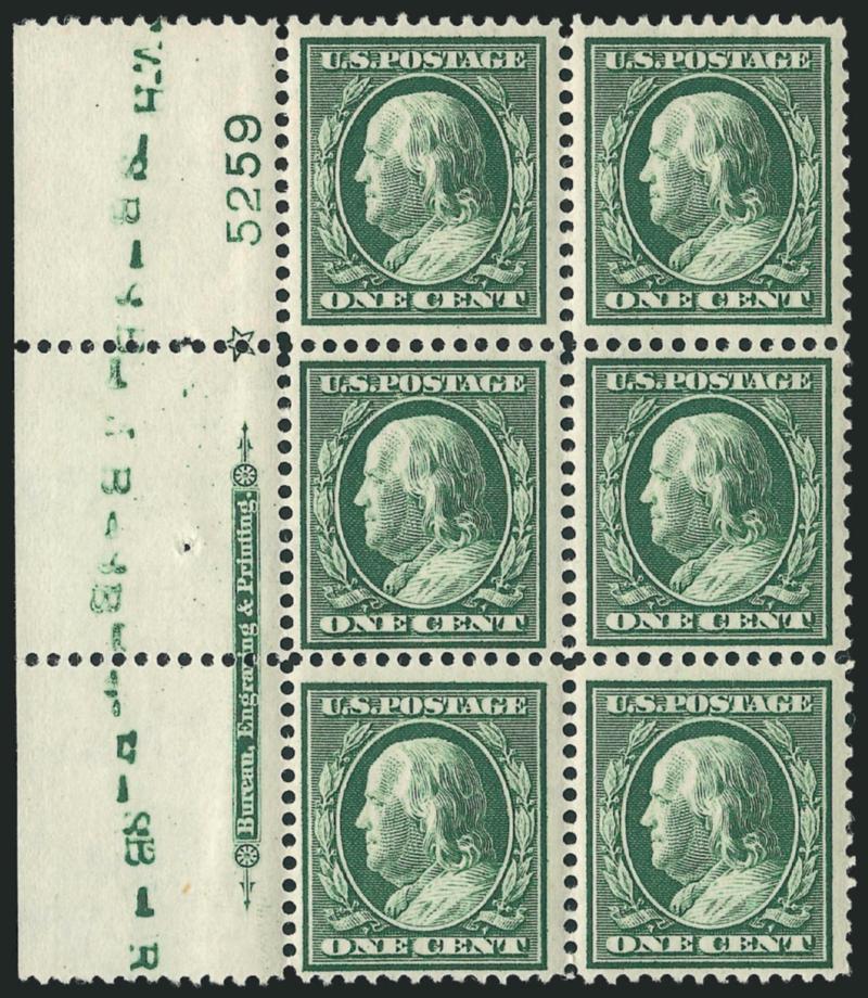 1c Green (331).> Eight Mint N.H. imprint, plate no. and star bocks of six, plate nos. 5259, 5294, 5336, 5403, 5404, 5414, 5438 and 5490, rich colors, all four positions represented, two with light natural gum
bends, fresh and Fine-Very Fine