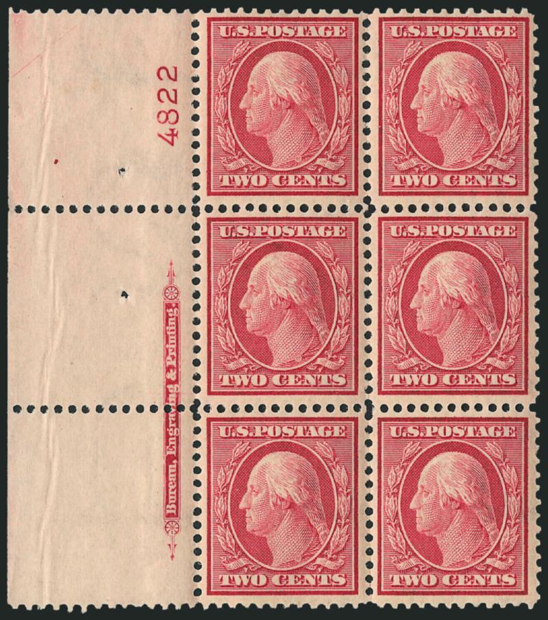 2c Carmine (332).> Six Mint N.H. imprint and plate no. blocks of six, plate nos. 4814, 4820 (top and right), 4822, 4823 and 4828, range of shades from dark to bright, overall fresh and Fine-Very Fine