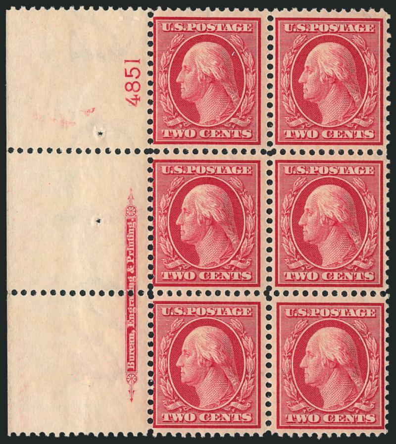 2c Carmine (332).> Seven Mint N.H. imprint and plate no. blocks of six, plate nos. 4834, 4835, 4839, 4844, 4851 (top and left) and 4852, all except bottoms with wide selvage, radiant colors, fresh and Fine-Very
Fine