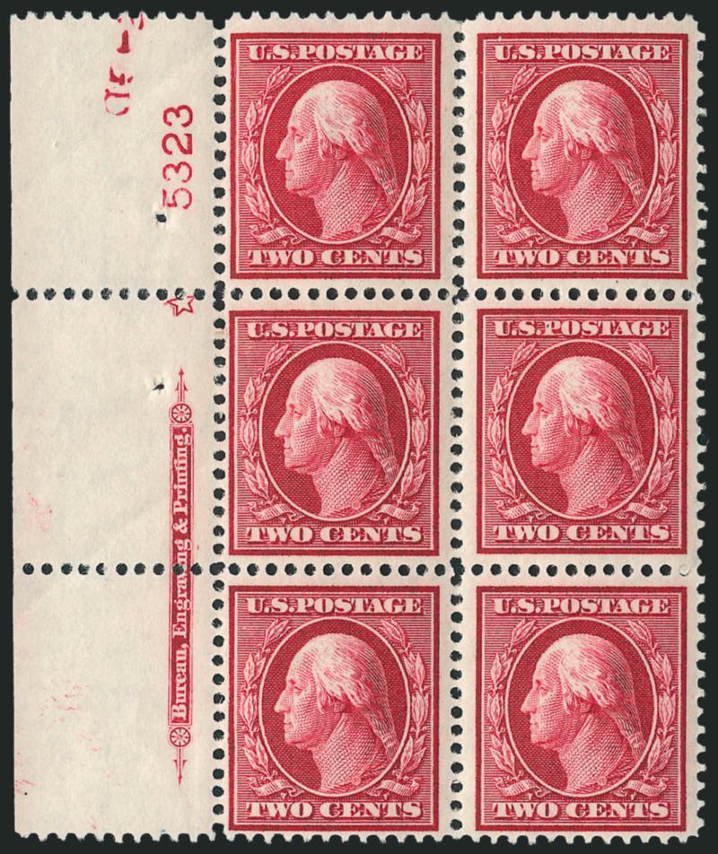 2c Carmine (332).> Ten Mint N.H. imprint, plate no. and star blocks of six, plate nos. 5273, 5278, 5290, 5323, 5243, 5307 (top and bottom), 5317, 5365 and 5374, most with wide selvage, overall fresh and
Fine-Very Fine