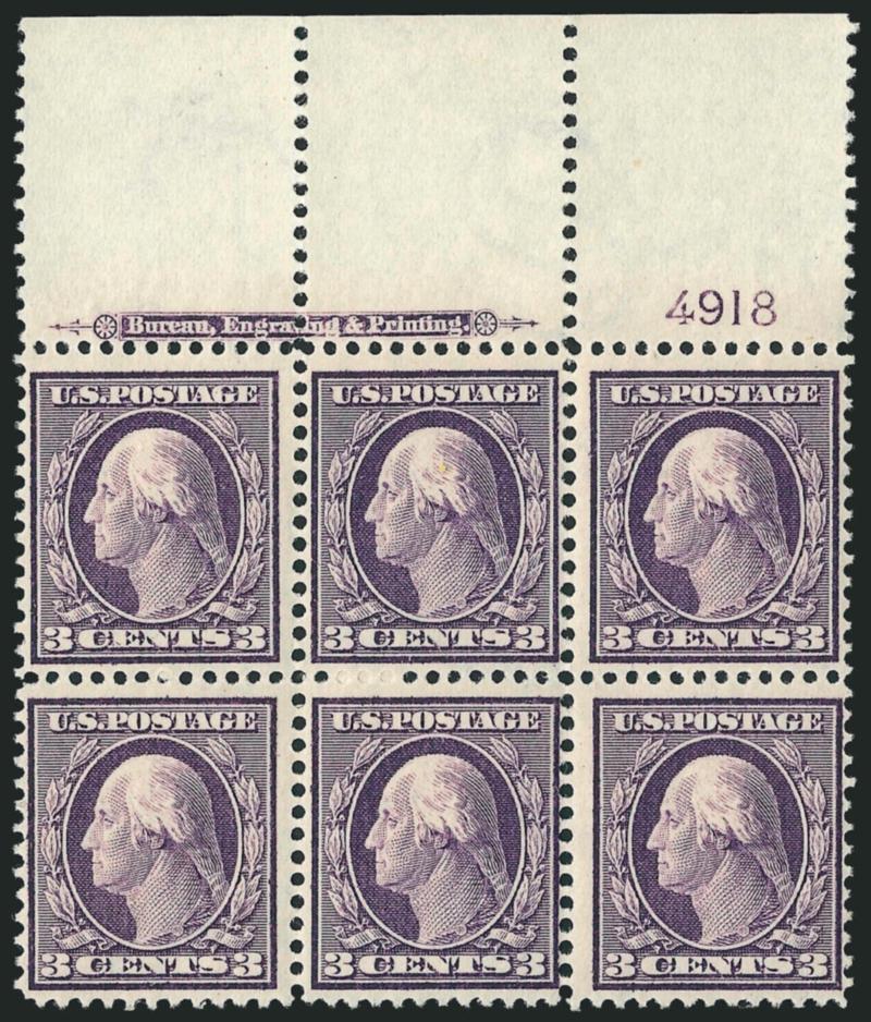 3c Deep Violet (333).> Mint N.H. top imprint and plate no. 4918 block of six, deep rich color on bright paper, fresh and Fine-Very Fine