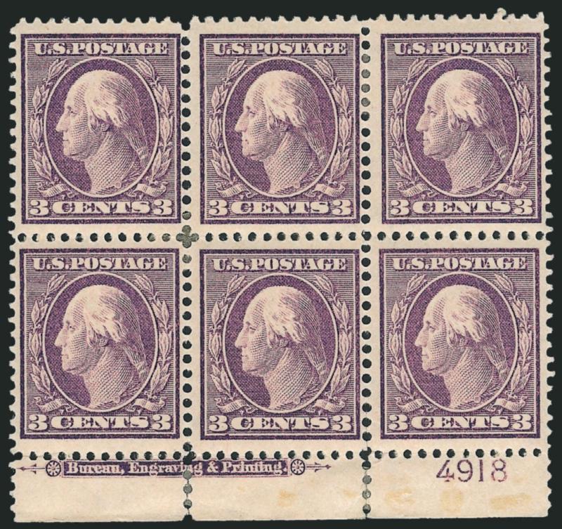 3c Deep Violet (333).> Two items, bottom and right imprint and plate no. 4918 blocks of six, few stamps h.r., dramatically different shades, first with few perf separations, Fine-Very Fine