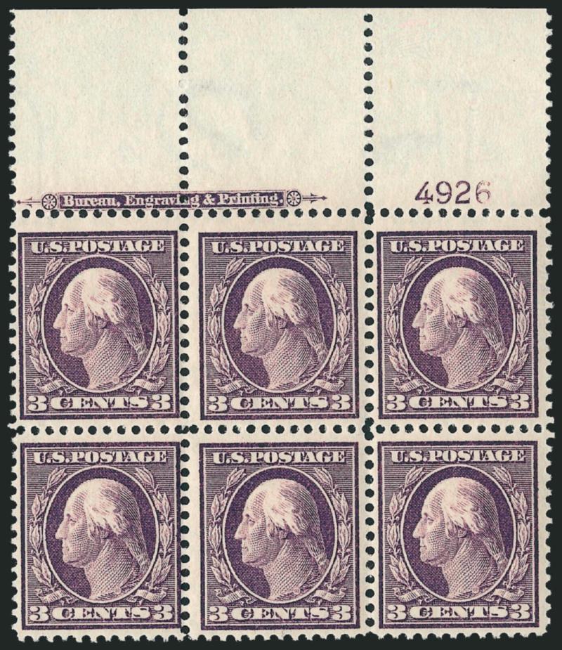 3c Deep Violet (333).> Two items, top and bottom imprint and plate no. 4926 blocks of six, lightly hinged, rich colors, fresh and Fine-Very Fine