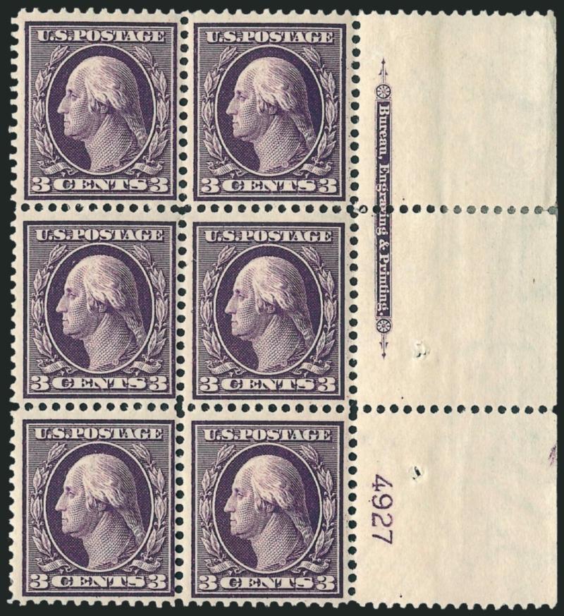 3c Deep Violet (333).> Two items, bottom and right imprint and plate no. 4927 blocks of six, most stamps Mint N.H., different shades, latter with few trivial perf separations in selvage, Fine