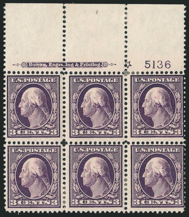 3c Deep Violet (333).> Four imprint, plate no. and star blocks of six, plate nos. 5136 (top, right and bottom) and 5131 (bottom), h.r., few stamps Mint N.H, rich colors, the right with few expertly rejoined
perf separations, otherwise Fine