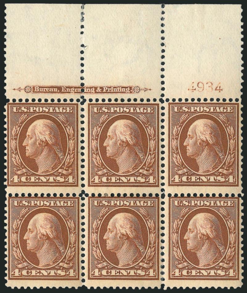 4c Orange Brown (334).> Two top imprint and plate no. blocks of six, plate nos. 4933 and 4934, small h.r., different shades, few perf separations, otherwise Fine-Very Fine