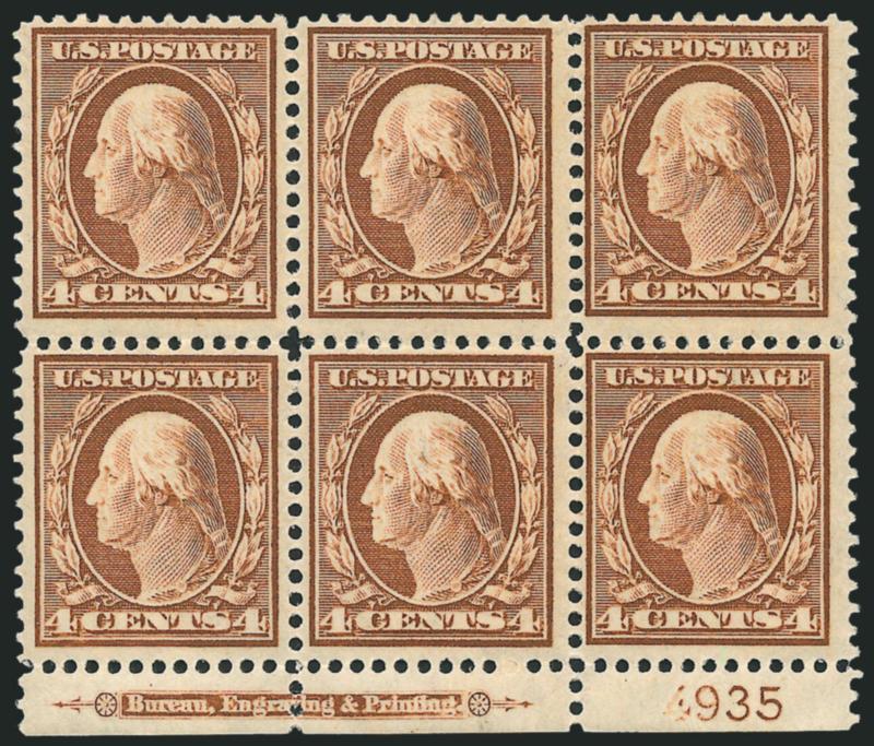 4c Orange Brown (334).> Mint N.H. bottom imprint and plate no. 4935 block of six, rich color, Fine-Very Fine