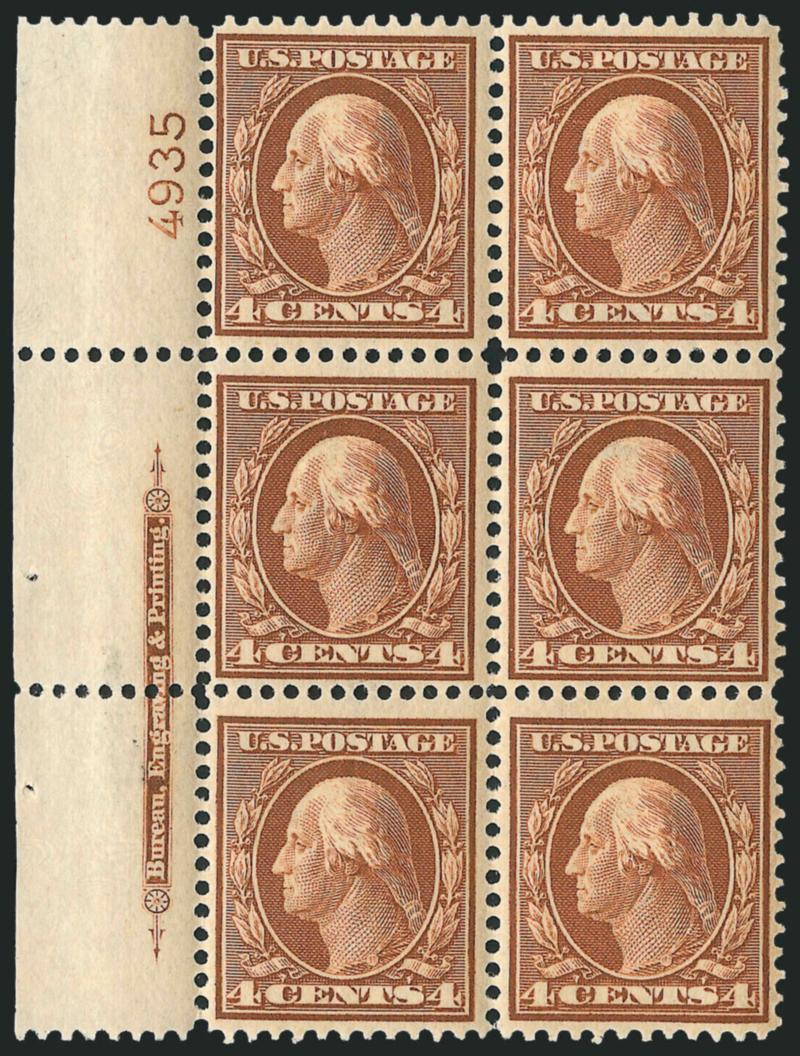 4c Orange Brown (334).> Mint N.H. left imprint and plate no. 4935 block of six, bright shade, Fine-Very Fine, a pretty plate block