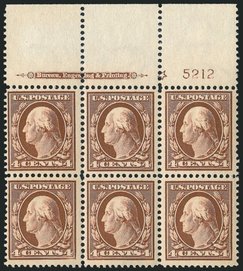 4c Orange Brown (334).> Mint N.H. top imprint, plate no. 5212 and star block of six with wide selvage, radiant color, fresh and Fine-Very Fine, an attractive Mint N.H. plate block