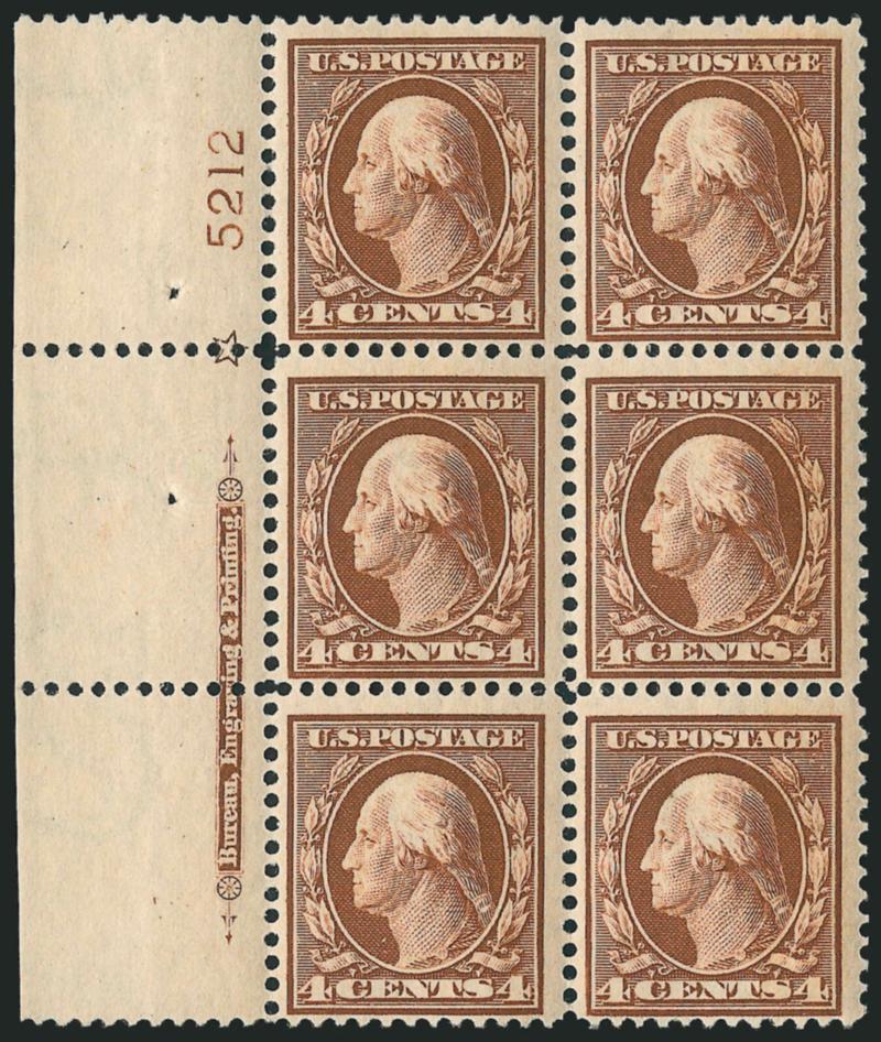4c Orange Brown (334).> Two items, Mint N.H. left and right imprint, plate no. 5212 and star blocks of six, radiant color, fresh and Fine-Very Fine matched pair of Mint N.H. side plate blocks