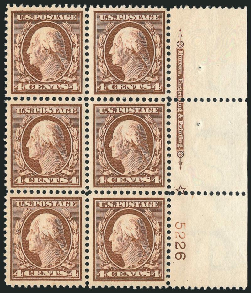 4c Orange Brown (334).> Mint N.H. right imprint, plate no. 5226 and star block of six with wide selvage, rich color, bottom right stamp small natural gum skip, Fine-Very Fine, a pretty plate block