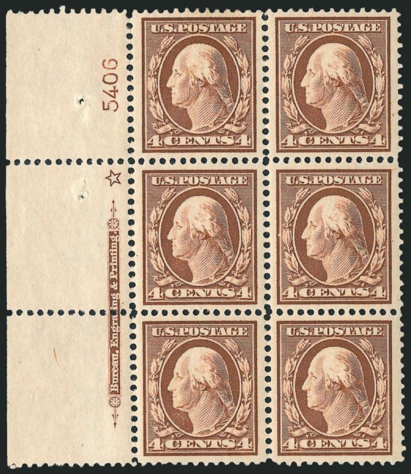 4c Orange Brown (334).> Left imprint, plate no. 5406 and star block of six, lightly hinged, uniformly superb centering, Extremely Fine, remarkably choice quality plate block