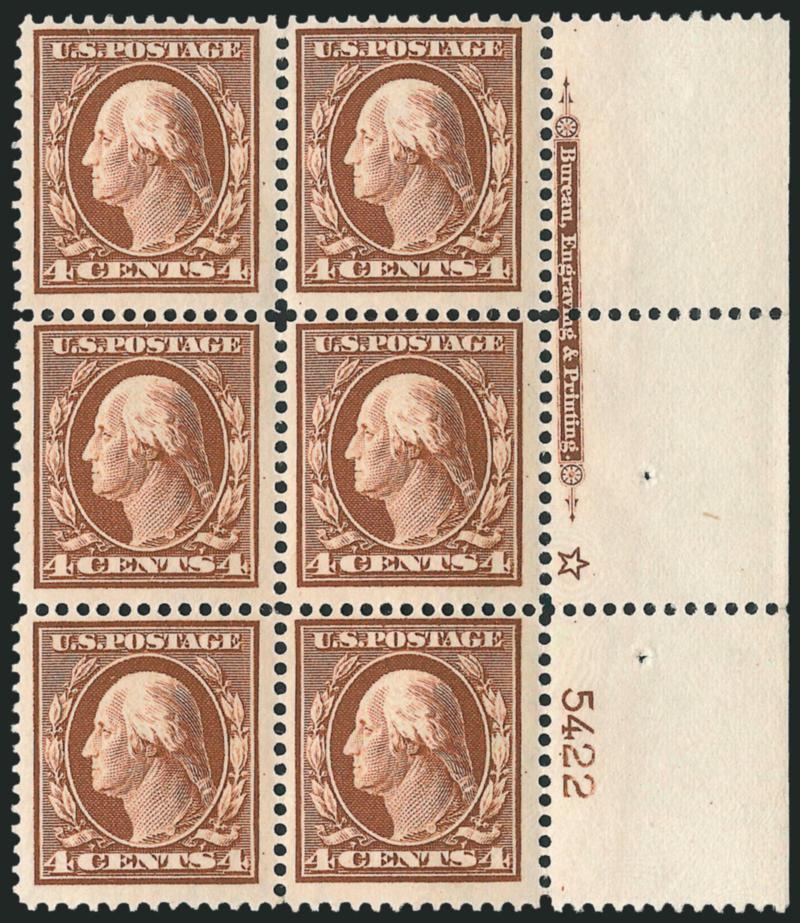 4c Orange Brown (334).> Mint N.H. right imprint, plate no. 5422 and star block of six, crisp impression on bright paper, Fine