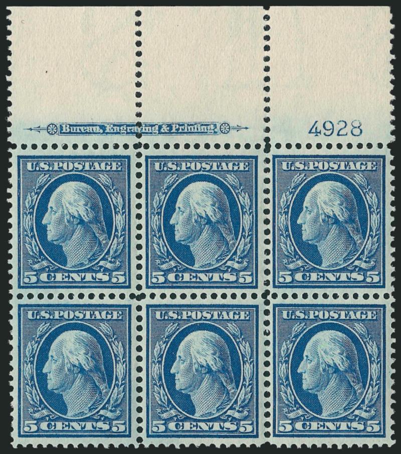 5c Blue (335).> Top imprint and plate no. 4928 block of six with wide selvage, bright shade, very lightly hinged, fresh and Extremely Fine, a lovely plate block