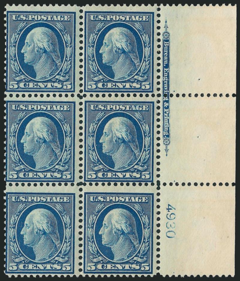 5c Blue (335).> Mint N.H. right imprint and plate no. 4930 block of six, bright shade, fresh and Fine