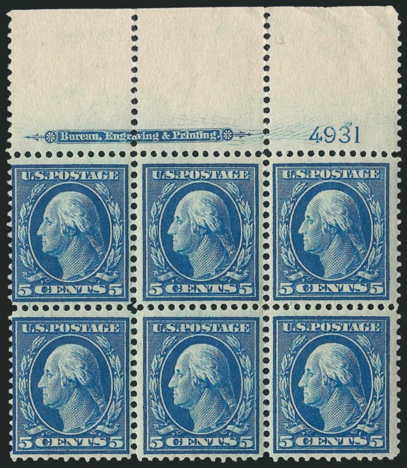 5c Blue (335).> Two items, top and bottom imprint and plate no. 4931 blocks of six, first Mint N.H. with unusual plate cracks in selvage, also pencil notation and light crease at top of selvage, Fine-Very Fine,
a worthwhile lot