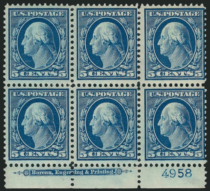 5c Blue (335).> Three imprint and plate no. blocks of six, incl. plate nos. 4931 (right) and 4958 (top and bottom), right position few light toned spots, otherwise Fine-Very Fine