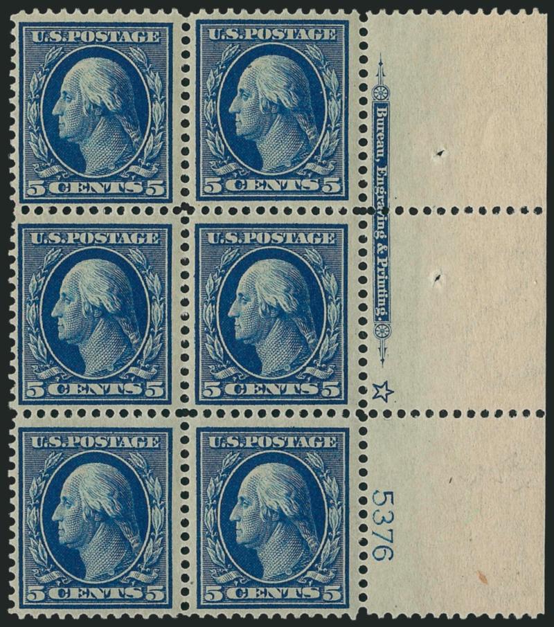 5c Blue (335).> Right imprint, plate no. 5376 and star block of six with wide selvage, lightly hinged, rich color, detailed impression, Very Fine and choice