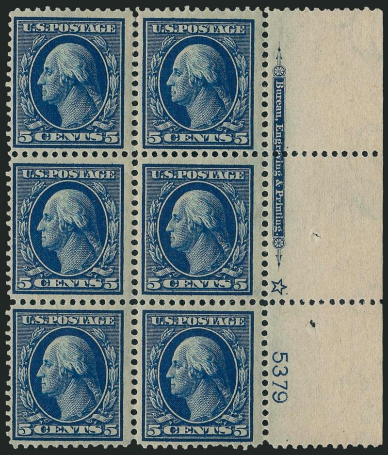 5c Blue (335).> Right imprint, plate no. 5379 and star block of six, deep rich color and proof-like impression, top right stamp h.r., others Mint N.H., Very Fine
