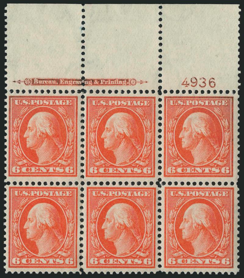 6c Red Orange (336).> Top imprint and plate no. 4936 block of six with wide selvage, barely hinged along few perfs at bottom left where perf separations were reinforced, vibrant color except hint of oxidation
at top, Very Fine and choice