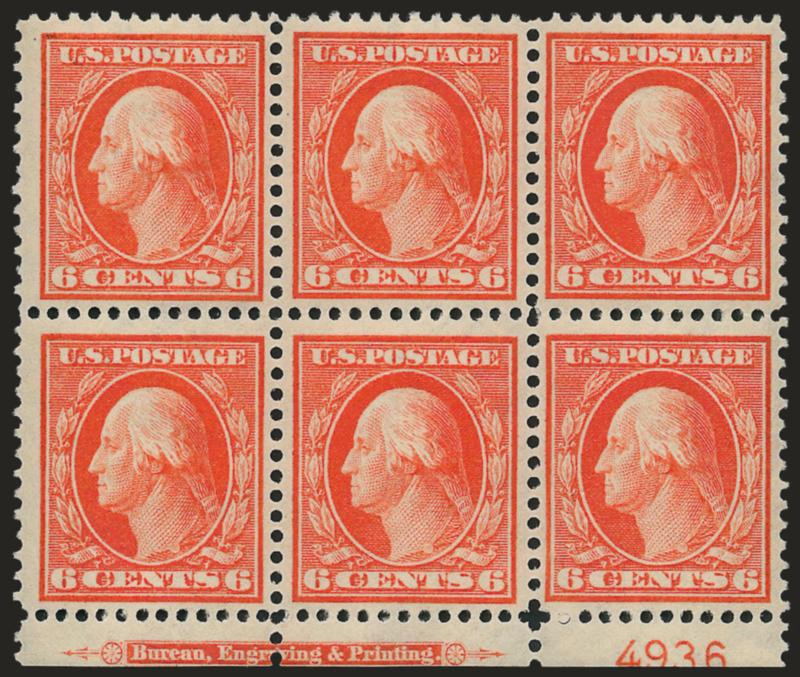 6c Red Orange (336).> Mint N.H. bottom imprint and plate no. 4936 block of six with narrow selvage, small spot of naturally short gum at bottom center, vibrant color, fresh and Very Fine